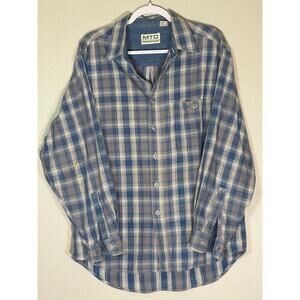 Vintage‎ MTO International, blue denim 90's flannel plaid button up, Men's large